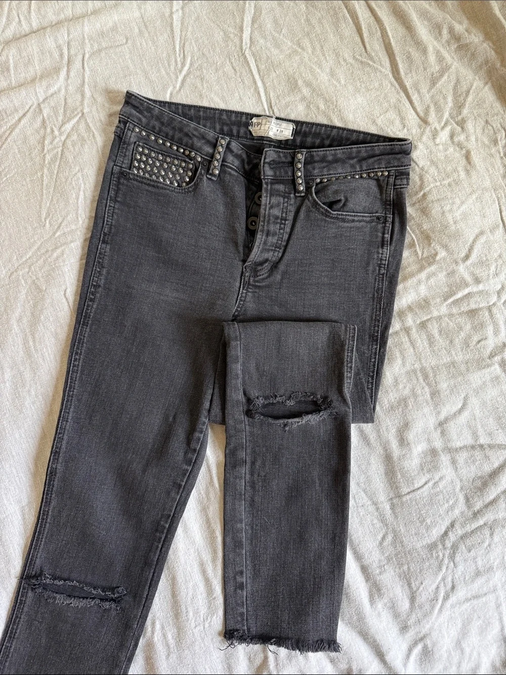 Free People Black Distressed Studded Cropped Jeans